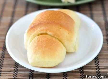 Golden Cornmeal Butter Crescents 3 A small white plate with a golden brown cooked crescent roll, highlighting its perfect golden crust and inviting appearance.