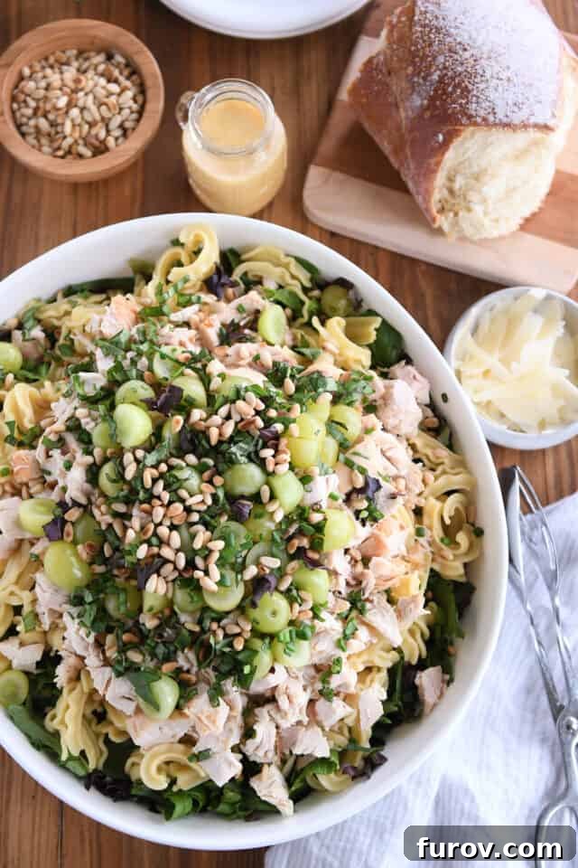 A large white bowl brimming with the colorful ingredients of Vineyard Chicken and Pasta Salad, including vibrant greens, cooked chicken, red and green grapes, and toasted pine nuts, ready for dressing.