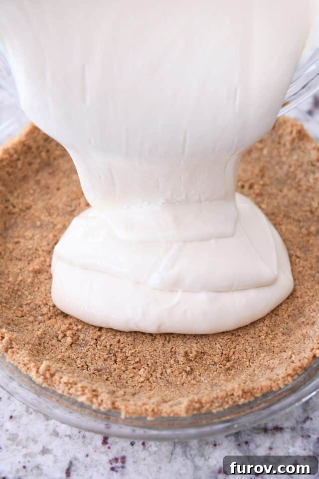 Crisp, Buttery Graham Cracker Crust 2 Pouring cheesecake batter into a freshly pressed graham cracker crust, highlighting the perfect texture and sturdy edges.
