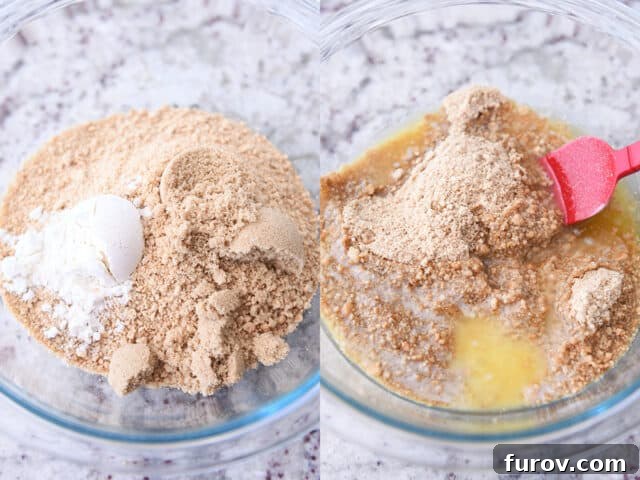 Crisp, Buttery Graham Cracker Crust 4 Glass bowl containing a perfectly mixed graham cracker crumb mixture with flour, brown sugar, and melted butter, ready for pressing.