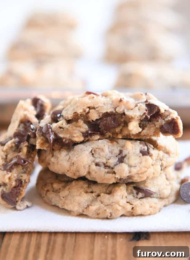 A perfectly baked Cowboy Cookie, split in half to reveal its rich, chewy interior filled with oats, chocolate chips, coconut, and toasted pecans. Two whole cookies are stacked beneath it, showcasing their golden-brown edges.