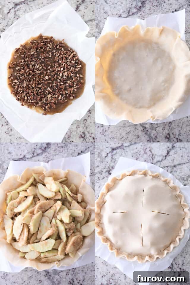 Assembling upside down apple pie with caramel pecan layer, pie crust, apples and top pie crust.