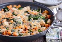 Cheesy Chicken, Sweet Potato & Kale One-Pan Dinner