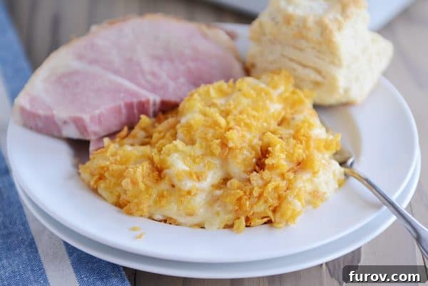 A scoop of cheesy funeral potatoes on a plate, perfectly paired with a slice of ham and a fluffy biscuit, ready to be enjoyed.