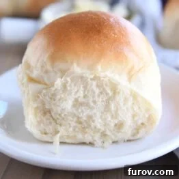 A single baked soft and fluffy dinner roll on a white plate, highlighting its tender texture.