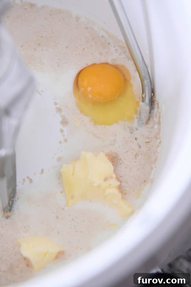 Close-up of active yeast, milk, butter, and an egg in a stand mixer bowl with a dough hook, ingredients ready for mixing.