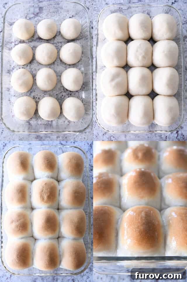 Comparison image showing dinner rolls rising in a glass pan, followed by the same rolls perfectly baked and buttered, demonstrating the transformation.