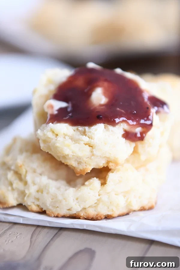 A delicious easy flaky buttermilk drop biscuit split open, generously topped with butter and homemade berry jam.