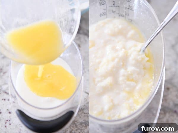 Melted butter being stirred into cold buttermilk, showing the formation of small butter clumps—the secret to flaky drop biscuits.
