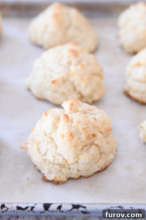 Freshly baked flaky buttermilk drop biscuits on a sheet pan, showcasing their golden-brown color and inviting texture.