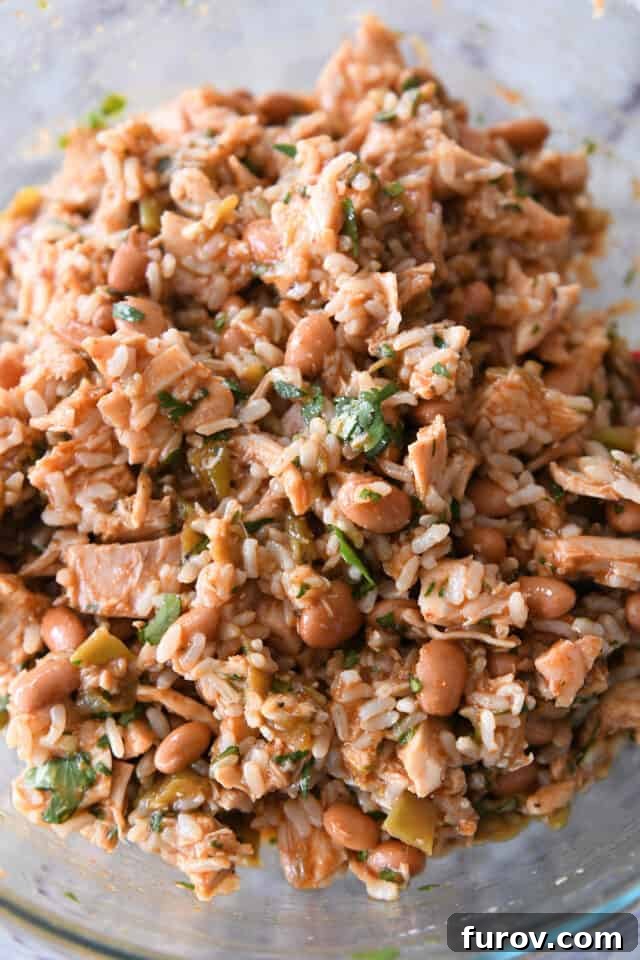 Cheesy Crispy Chicken Enchilada Wraps 4 Another enticing perspective of the delicious enchilada wrap filling in a bowl, featuring a harmonious blend of tender chicken, fluffy rice, savory pinto beans, fresh cilantro, and a generous coating of enchilada sauce, all expertly seasoned.