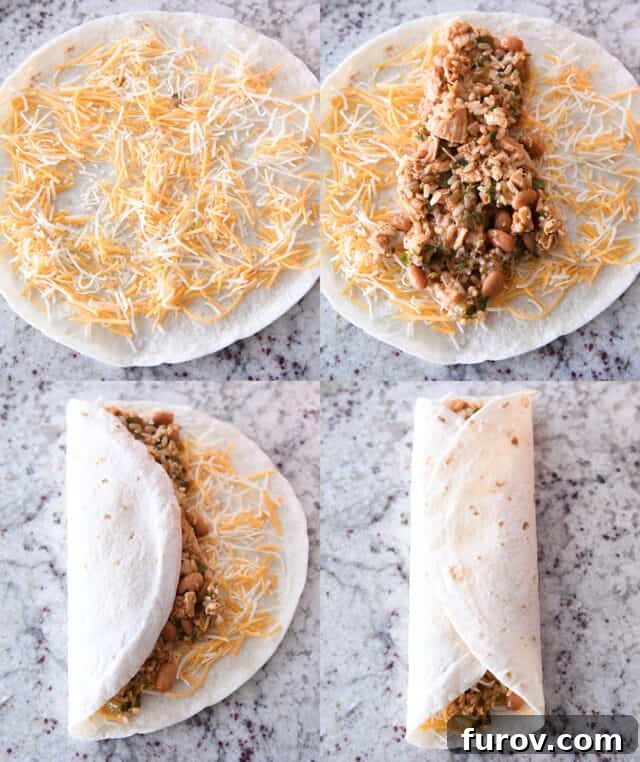 Cheesy Crispy Chicken Enchilada Wraps 5 A sequential series of images demonstrating the precise steps to assemble crispy chicken enchilada wraps: first, evenly spreading shredded cheese onto a tortilla; next, carefully adding the chicken and rice mixture; and finally, meticulously folding the tortilla into thirds to create a secure and flat wrap.