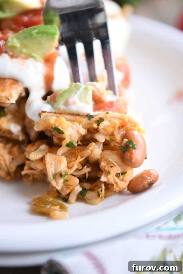 Cheesy Crispy Chicken Enchilada Wraps 9 A fork holding a perfect bite of crispy tortilla, tender chicken, and fluffy rice, elegantly showcasing the appealing textures and undeniable deliciousness of the enchilada wrap, all set against a clean white plate.