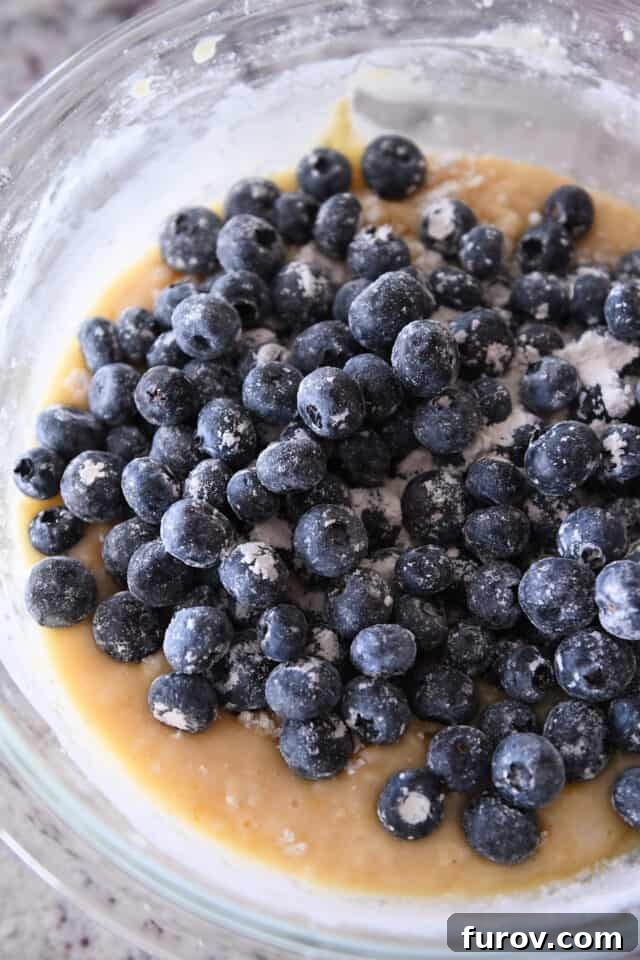 Blueberries lightly dusted with flour, ready to be folded into muffin batter in a glass bowl.