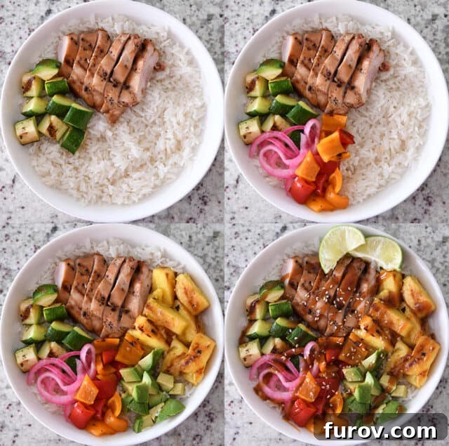 Assembling Hawaiian chicken and veggie teriyaki bowls with white rice in white bowl.