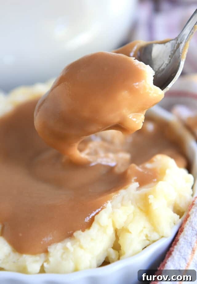 Spoon lifting up mashed potatoes and gravy.