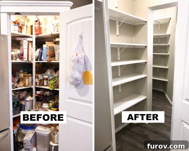 Before and after images of a pantry remodel, showing a dramatic increase in storage space and organization.