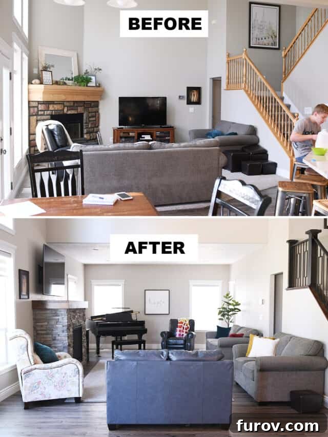 Before and after images of a living room renovation, highlighting the removal of a wall to create a larger, open-concept space.