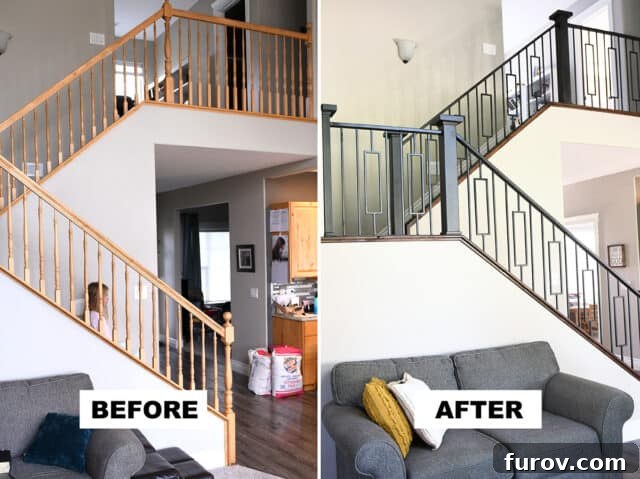 A newly replaced banister, showcasing modern design and improved aesthetic in a home's interior.