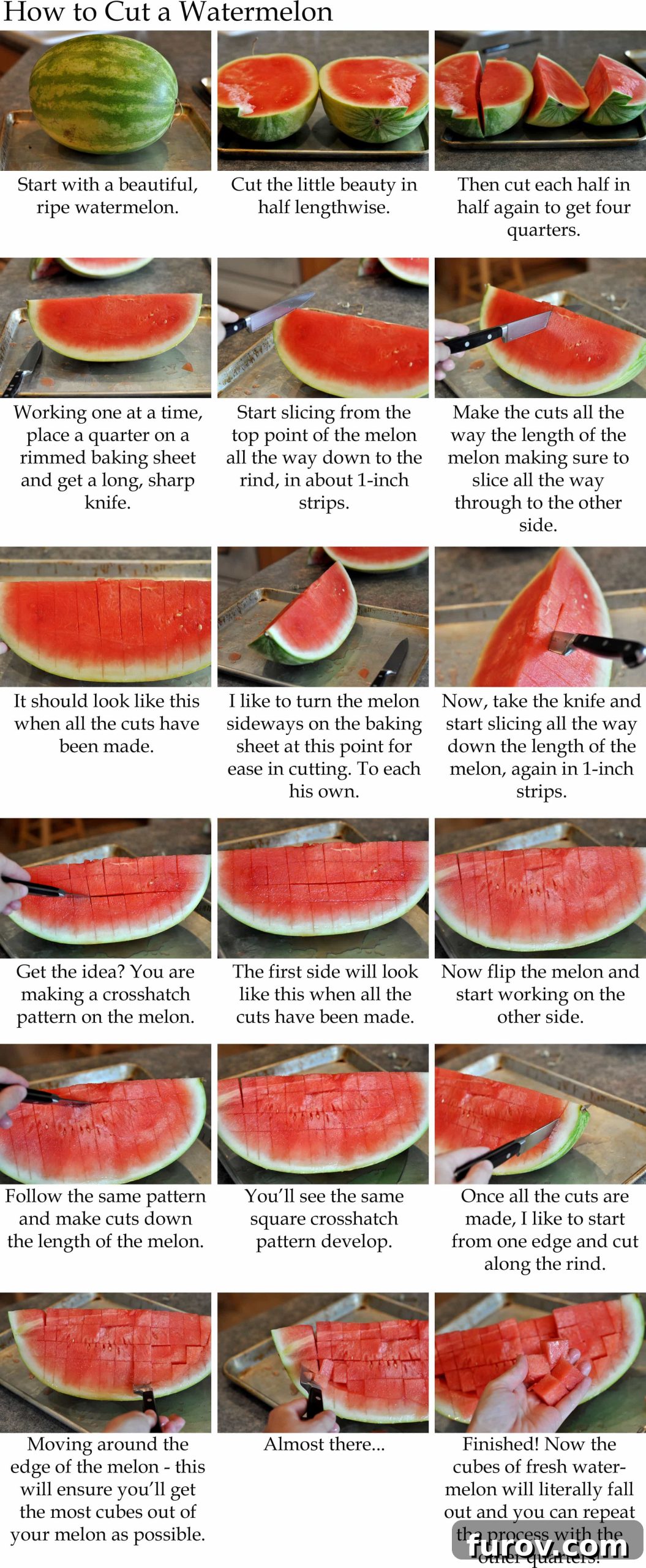Watermelon Frosty Bliss Master the Art of Slicing 4 A visual step-by-step collage demonstrating the easiest method to cut a watermelon into perfect cubes.