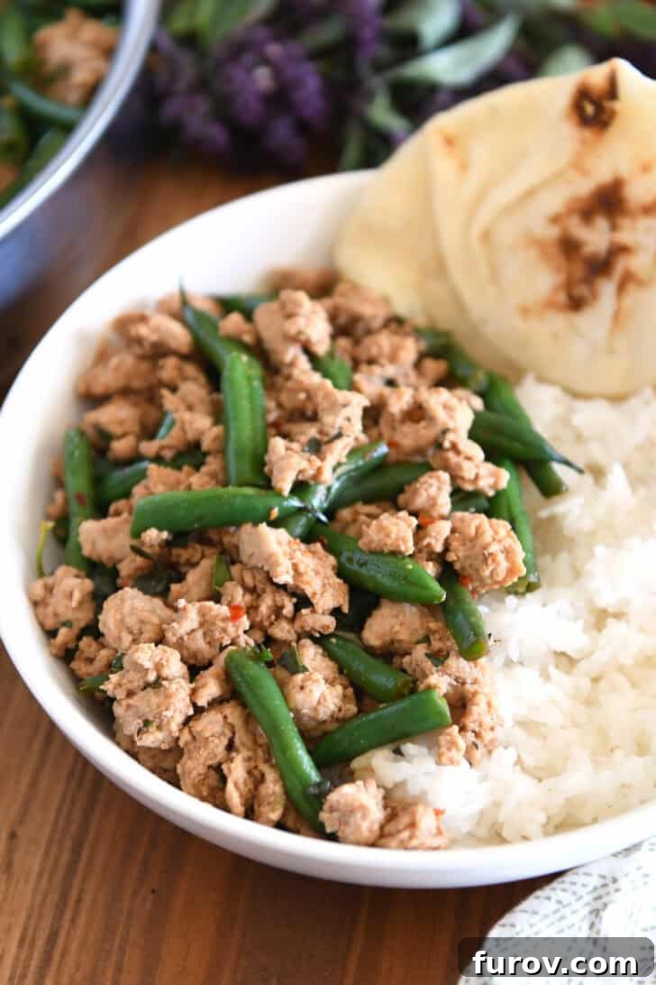 20-Minute Thai Turkey & Green Bean Dinner 2 Flavorful Thai-style ground turkey with crisp green beans, served with fluffy rice and warm naan in a white shallow bowl.