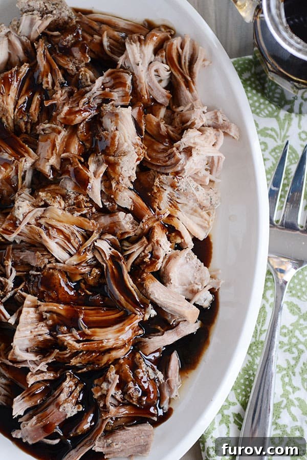 Top-down view of a vibrant plate filled with shredded balsamic glazed pork, highlighting its rich color and inviting texture, ready for a delicious meal.