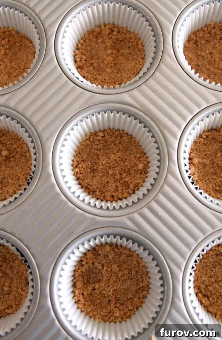 Irresistible Bite-Sized Cheesecakes 4 Top down view of graham cracker crust pressed into lined muffin tin.