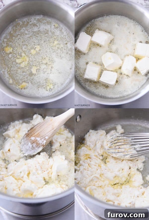 A series of step-by-step images demonstrate the process of making homemade Alfredo sauce on a stovetop, highlighting key stages of preparation.