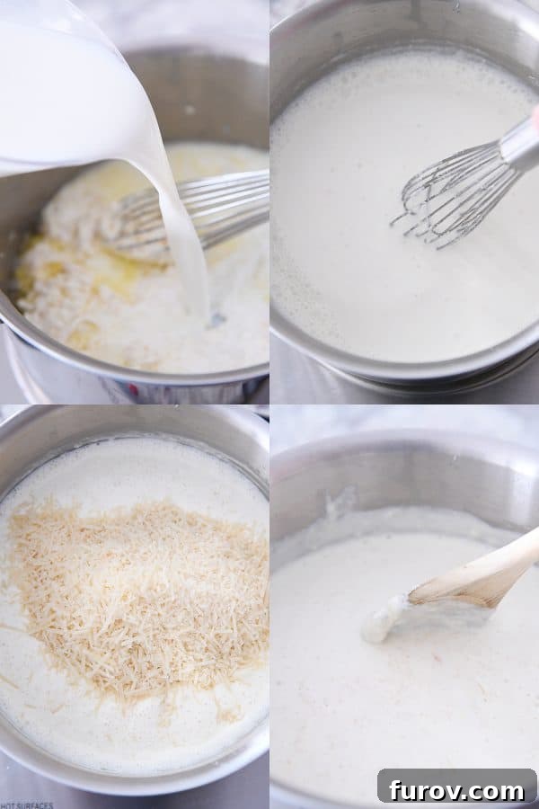 Ingredients like milk, cream cheese, and freshly grated Parmesan are added to the pan during the preparation of homemade Alfredo sauce, illustrating the simple assembly process.