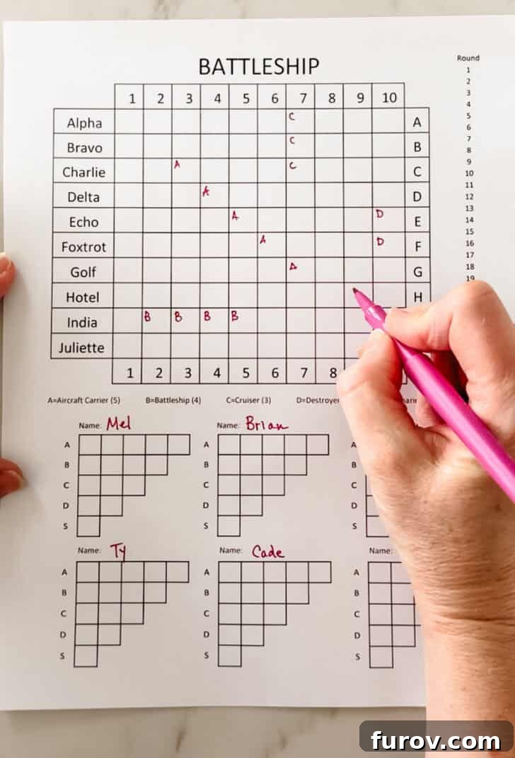 Pencil & Paper Naval Strategy 3 Paper battleship game filled out with names and ships.