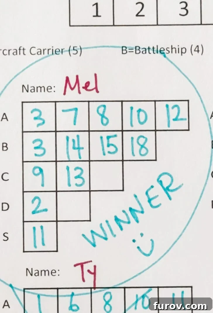 Pencil & Paper Naval Strategy 5 Paper battleship game with winner.
