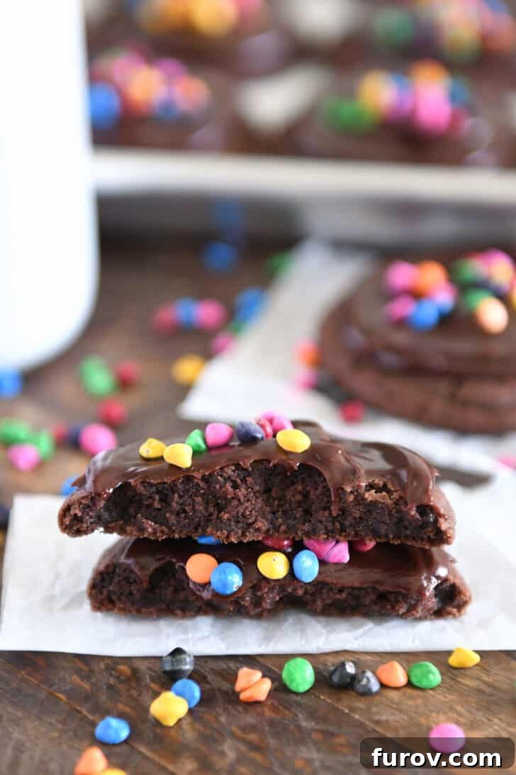 Two cosmic brownie cookie halves stacked on each other on piece of white parchment paper.