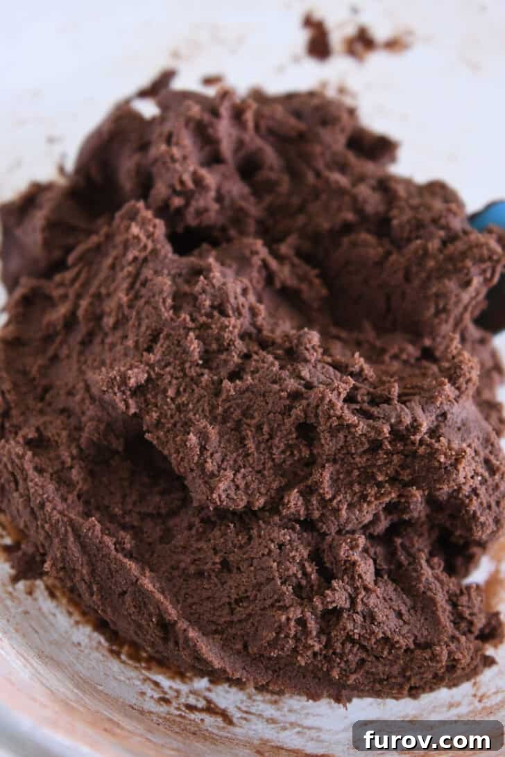 Chocolate cookie dough in glass bowl.