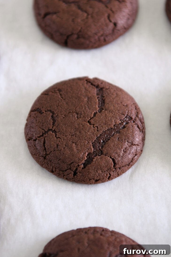 Baked fudgy chocolate cookie on parchment paper.