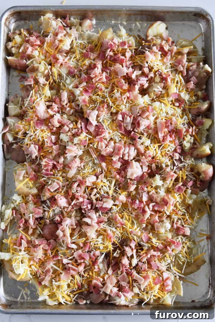 Top down view of smashed potatoes topped with cheese and bacon on half sheet pan.