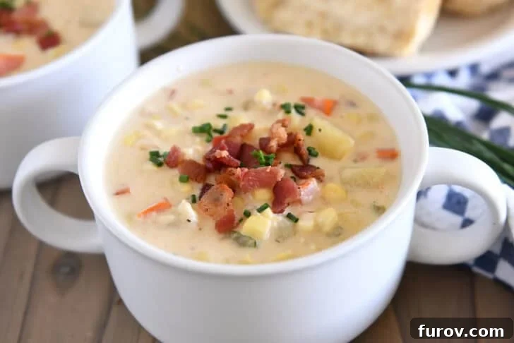 A elegant white bowl with handles, generously filled with thick and creamy corn chowder, beautifully topped with crispy bacon pieces.