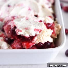 Scoop of cranberry orange angel food cake cubes in white baking dish, showing the delicious creamy texture.