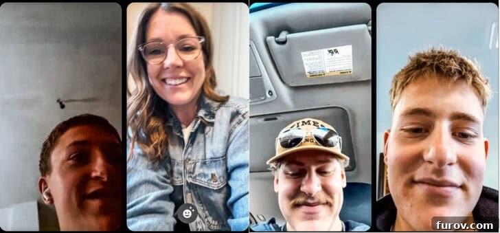 Screenshot of mom and three sons video messaging each other.