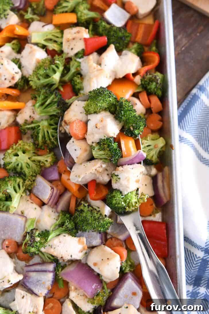 Top down view of serving spoon with cooked chicken, broccoli, carrots, bell peppers, and red onions.
