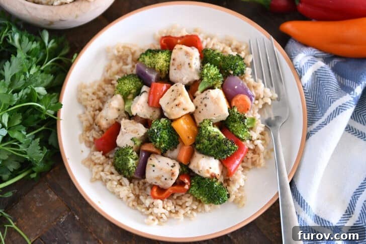 White plate with tan rim with brown rice, cooked chicken, broccoli, red onions, bell peppers, carrots, and red onions.