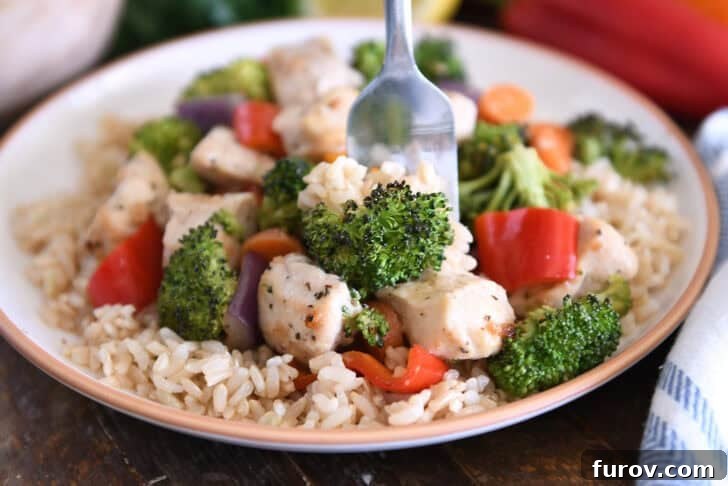 Fork scooping bite of cooked chicken, brown rice, and broccoli.