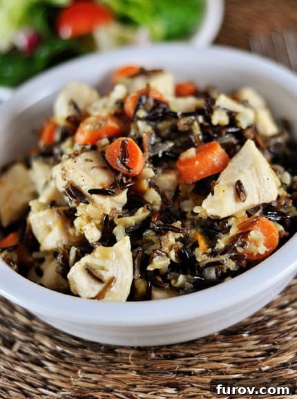 A close-up of a white bowl filled with cubes of perfectly cooked chicken, fluffy wild rice, and tender sliced carrots, ready to be enjoyed.