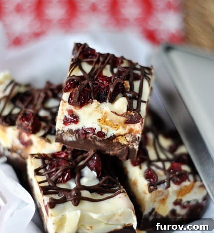 White chocolate and milk chocolate bark with drizzled chocolate and cranberries.