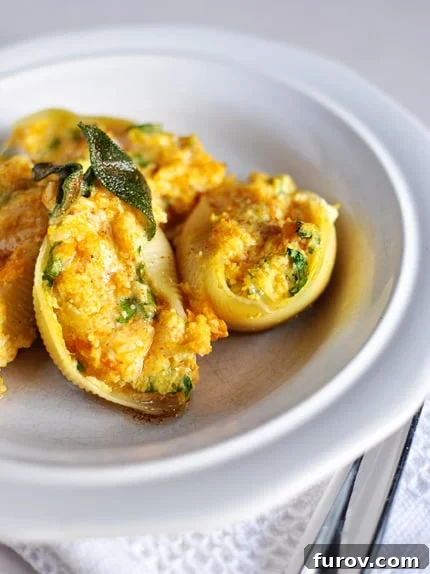 Golden Sage Brown Butter Butternut Stuffed Shells 3 A white plate with stuffed butternut squash and sage pasta shells, ready to be served.