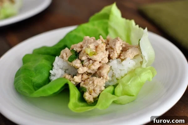 A large lettuce leaf generously filled with Asian chicken and delicate white rice on a clean white plate.