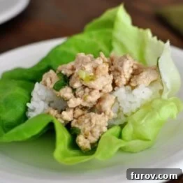 A close-up of an Asian Chicken Lettuce Wrap, showcasing its vibrant ingredients.