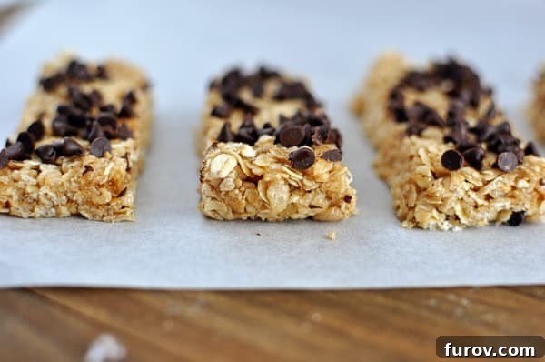 Close-up of golden oat granola bars topped with a sprinkle of mini chocolate chips.