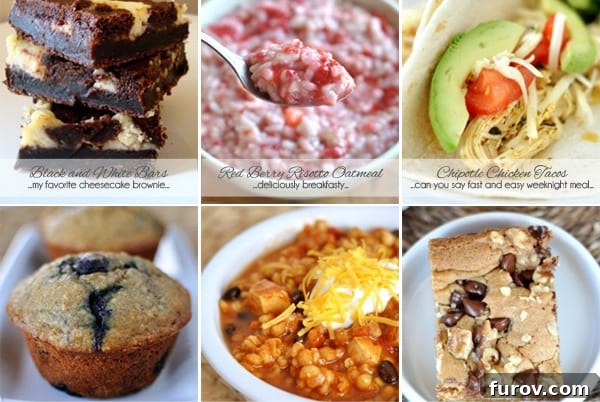Delicious homemade quick meals assortment for busy families, featuring cheesecake bars, oatmeal, tacos, muffins, chili, and blondies.