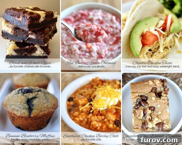 An appetizing collage of six diverse dishes: Black and White Cheesecake Bars, Red Berry Risotto Oatmeal, Chipotle Chicken Tacos, Healthy Banana Blueberry Muffins, Southwestern Chicken and Barley Chili, and Chocolate Chip Walnut Blondies. Each section is clickable to its recipe for easy access.