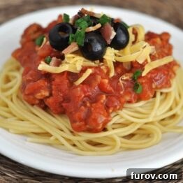 Cowboy Spaghetti served on a white plate